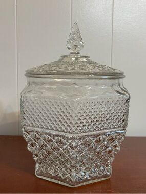 VTG Indiana Glass Diamond Point Hexagon Cookie Jar Lidded Crystal Canister MCM